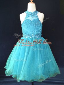 Sleeveless Mini Length Beading and Lace Lace Up Little Girl Pageant Gowns with Aqua Blue