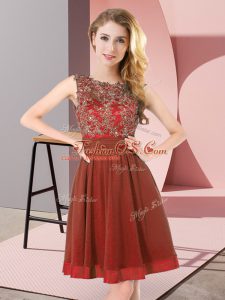 Rust Red Empire Scoop Sleeveless Chiffon Mini Length Backless Beading and Appliques Bridesmaid Dresses
