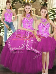 Vintage Fuchsia Three Pieces Embroidery Quinceanera Dresses Lace Up Satin and Tulle Sleeveless Floor Length
