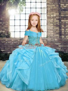 Cheap Floor Length Aqua Blue Little Girl Pageant Gowns Straps Sleeveless Lace Up
