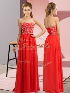 Sleeveless Chiffon Floor Length Lace Up Formal Evening Gowns in Red with Beading