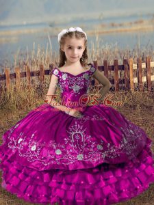 Fuchsia Sleeveless Floor Length Embroidery and Ruffled Layers Lace Up Girls Pageant Dresses