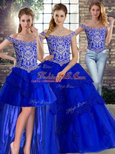 Hot Sale Royal Blue Tulle Lace Up Quinceanera Dress Sleeveless Brush Train Beading and Lace