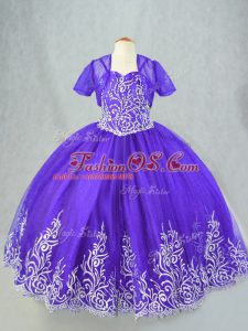 Beading and Embroidery Little Girls Pageant Dress Purple Lace Up Sleeveless Floor Length