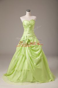 Dramatic Floor Length Yellow Green Sweet 16 Dresses Organza Sleeveless Beading and Hand Made Flower