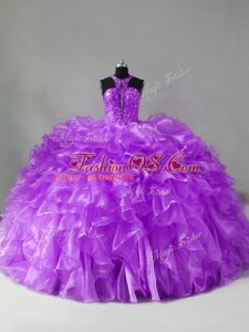 Enchanting Halter Top Sleeveless Brush Train Zipper Vestidos de Quinceanera Purple Organza