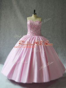 Artistic Pink Lace Up Sweetheart Beading Quince Ball Gowns Tulle Sleeveless