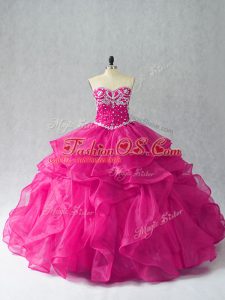 Shining Fuchsia Sweetheart Neckline Beading and Ruffles Sweet 16 Dress Sleeveless Lace Up