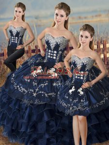 Navy Blue Three Pieces Organza Sweetheart Sleeveless Embroidery and Ruffles Floor Length Lace Up Quinceanera Gown