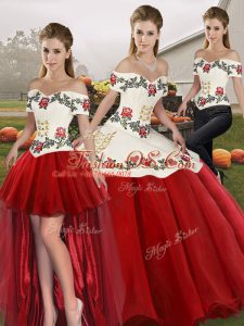 Floor Length Three Pieces Sleeveless White And Red Quinceanera Dresses Lace Up