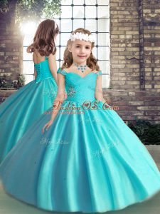 Straps Sleeveless Pageant Dress for Girls Floor Length Beading and Ruching Baby Blue Tulle