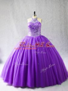 Eye-catching Purple Lace Up 15th Birthday Dress Beading Sleeveless Floor Length