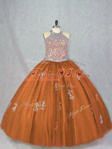 Brown Sleeveless Floor Length Beading and Appliques Lace Up Vestidos de Quinceanera