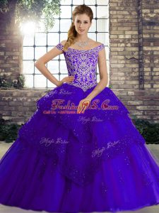 Fitting Sleeveless Beading and Lace Lace Up Sweet 16 Dresses with Purple Brush Train