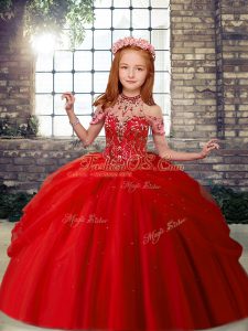 Floor Length Ball Gowns Sleeveless Red Little Girls Pageant Gowns Lace Up