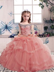 Low Price Pink Little Girls Pageant Gowns Party and Wedding Party with Beading and Ruffles Scoop Sleeveless Lace Up