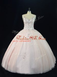 Clearance Pink Quince Ball Gowns Sweet 16 and Quinceanera with Beading V-neck Sleeveless Lace Up