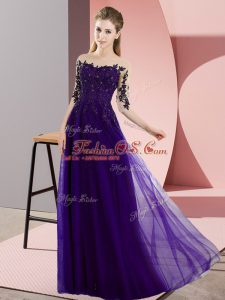 Bateau Half Sleeves Lace Up Vestidos de Damas Purple Chiffon