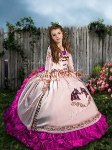 Fancy White Lace Up Little Girl Pageant Gowns Embroidery and Ruffles Sleeveless Sweep Train