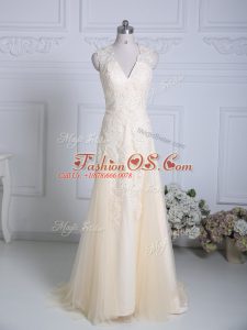 Fancy Sleeveless Lace and Appliques Zipper Homecoming Dresses with Champagne Brush Train
