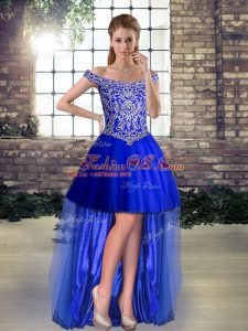 Royal Blue Lace Up Prom Dresses Beading Sleeveless High Low
