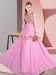 Rose Pink Sleeveless Floor Length Beading and Appliques Backless Wedding Guest Dresses