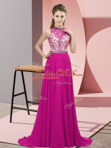 Cheap Fuchsia Empire Halter Top Sleeveless Chiffon Brush Train Backless Beading Prom Party Dress