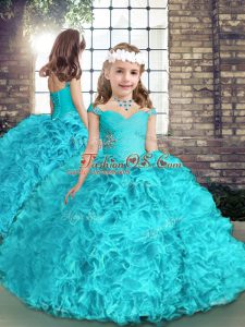 Aqua Blue Ball Gowns Organza Straps Sleeveless Beading Floor Length Lace Up Little Girl Pageant Gowns