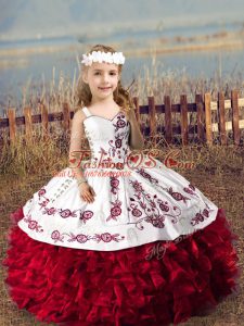 Wine Red Organza Lace Up Straps Sleeveless Floor Length Little Girls Pageant Dress Embroidery and Ruffles