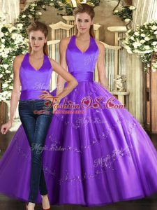 Halter Top Sleeveless 15 Quinceanera Dress Floor Length Beading Purple Tulle