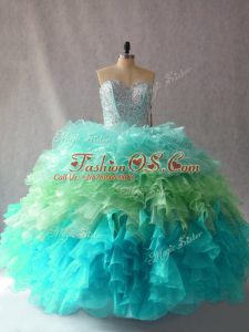 Sweetheart Sleeveless Organza Quinceanera Dresses Beading and Ruffles Lace Up