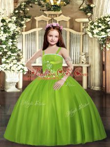 Admirable Sleeveless Floor Length Beading Lace Up Little Girls Pageant Dress with Olive Green
