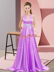 Custom Design Lavender Mother Of The Bride Dress Prom and Party with Beading V-neck Sleeveless Brush Train Backless