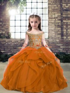 New Style Orange Ball Gowns Off The Shoulder Sleeveless Organza and Tulle Floor Length Lace Up Beading Pageant Gowns For Girls