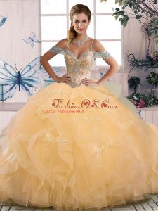 Gold Lace Up Ball Gown Prom Dress Beading Sleeveless Floor Length