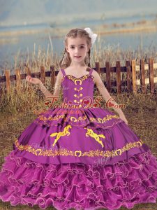 Discount Sleeveless Organza Floor Length Lace Up Little Girls Pageant Dress Wholesale in Fuchsia with Beading and Embroidery and Ruffled Layers