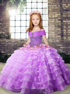 Custom Designed Lilac Ball Gowns Beading and Ruffled Layers Child Pageant Dress Lace Up Organza Sleeveless