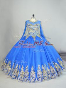 Blue Long Sleeves Beading and Appliques Floor Length Sweet 16 Dress