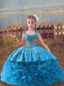 Baby Blue Fabric With Rolling Flowers Lace Up Straps Sleeveless Pageant Dress for Girls Sweep Train Embroidery