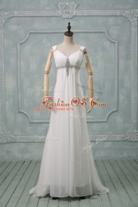 White Lace Up Straps Beading Wedding Dress Chiffon Sleeveless Brush Train