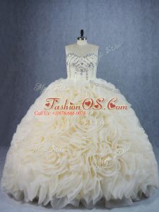 Fine Sleeveless Fabric With Rolling Flowers Brush Train Lace Up 15 Quinceanera Dress in Champagne with Beading and Ruffles