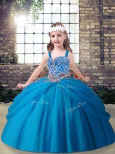 Blue Lace Up Straps Beading Kids Formal Wear Tulle Sleeveless