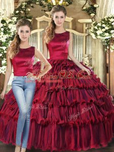 Comfortable Sleeveless Organza Floor Length Lace Up Sweet 16 Dress in Wine Red with Ruffled Layers
