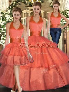 Orange Lace Up Halter Top Ruffled Layers Quinceanera Gown Organza Sleeveless