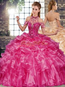 Fuchsia Organza Lace Up Ball Gown Prom Dress Sleeveless Floor Length Beading and Ruffles