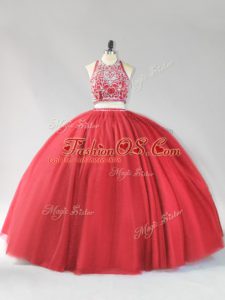 Red Halter Top Neckline Beading Quinceanera Gown Sleeveless Backless