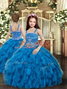 Exquisite Blue Straps Lace Up Beading Girls Pageant Dresses Sleeveless