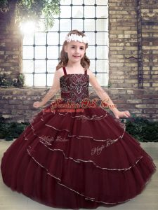 Burgundy Straps Neckline Beading and Ruffled Layers Girls Pageant Dresses Sleeveless Lace Up