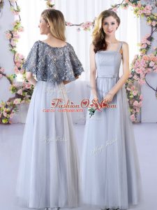 Fabulous Appliques Bridesmaids Dress Grey Lace Up Sleeveless Floor Length