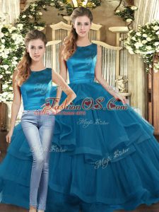 Floor Length Lace Up Sweet 16 Dress Teal for Military Ball and Sweet 16 and Quinceanera with Ruffles